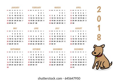 2018 dog new year vector calendar with cute doodle cartoon style,Holiday event planner,Week Starts Sunday