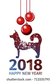 2018 Dog year zodiac. Chinese New Year greeting vector card. Minimalist style and concept. Drawn silhouette of a dog and falling snow. Vertical composition on white background, isolate.