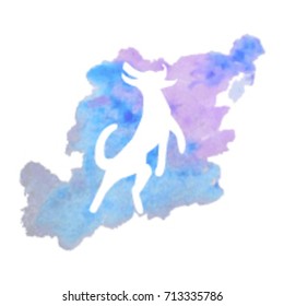 2018 Dog year zodiac. New Year greeting vector card isolate. White jumping dog background on watercolor splash background.