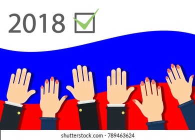 2018 election campaign in Russia. People's hands on flag.