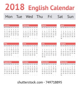 2018 European English Calendar Week Starts Stock Vector (Royalty Free ...