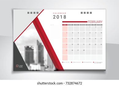 2018 February desk or table calendar, weeks start on Sunday - red and white theme with space for your picture