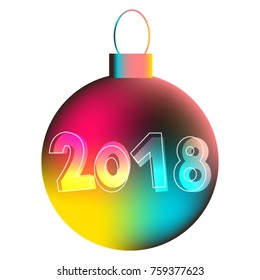 2018. Festive vector illustration with hand drawn numbers and glowing christmas ball