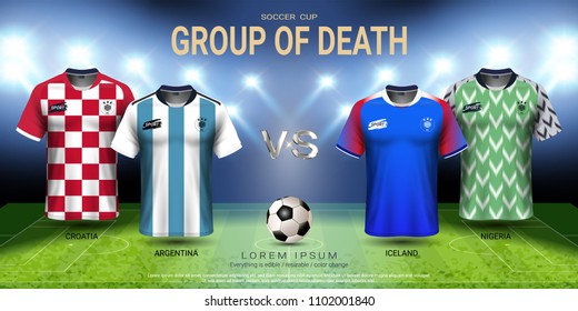 2018 Football Cup Group of Death, Soccer jersey and players uniform Group D, For presentation the match results of sport tournament in Russian, Everything is edible, resizable, color change.