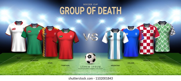 2018 Football Cup Group of Death, Soccer jersey and players uniform Group B-D, For presentation the match results of sport tournament in Russian, Everything is edible, resizable, color change