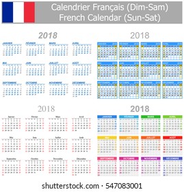 2018 French Mix Calendar Sun-Sat on white background