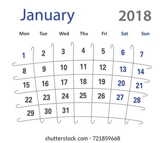 2018 funny original grid January creative calendar template vector illustration. English language.