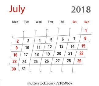 2018 funny original grid July creative calendar template vector illustration. English language.