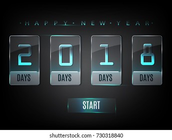 2018 Glass Counter Time. Glass transparent plates with glow and glare. Neon Banner start of the new year. Vector 10 EPS