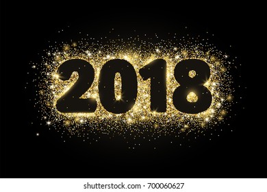 2018 glitter typography design. Golden sparkling vector dust rectangle with numbers on black. Great for calendars, New year and Christmas cards, party posters, website headers.