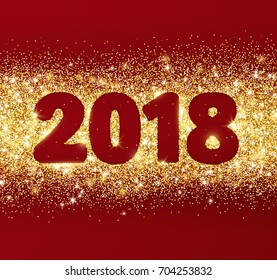 2018 glitter typography design. Golden sparkling vector dust rectangle with numbers on red background. Great for calendars, New year and Christmas cards, party posters, website headers.
