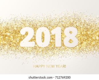 2018 glitter typography design. Happy New Year greeting card. Golden sparkling vector dust rectangle with numbers. Great for calendars, Christmas cards, party posters, website headers.