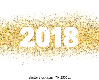 2018 glitter typography design isolated on white. Golden sparkling vector dust rectangle with numbers. Great for calendars, New year and Christmas cards, party posters, website headers.