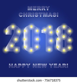 2018 glowing lights on a blue background. Merry Christmas. Happy New year. Design greeting cards, banner