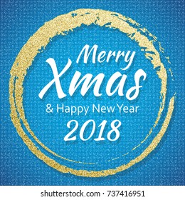 2018, Gold and blue card with Merry Christmas text and glitter frame. Sparkling holiday background, vector dust border. Great for Christmas and New Year cards, invitations and posters.