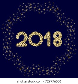2018 gold color in a frame, a border of stars on a blue background. For a template, greeting card, mock-ups.