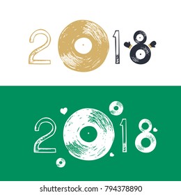 2018. Gold and green Music logo. Hand drawn records image. Rock or pop logo. Sketch inspiration vector. 