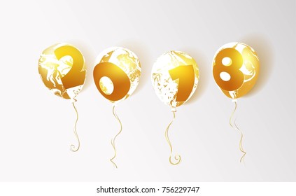 2018 Gold and marble  balloons. Christmas and new year celebration background. Vector illustration