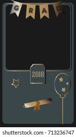 2018 Graduate Photo frame. Rich Golden style on Dark Background. Flat Design. Vector Illustration.