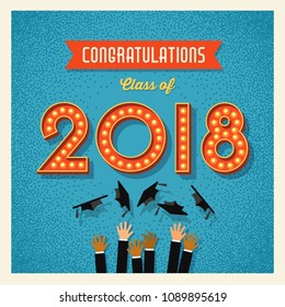 2018 graduation card or banner design with vintage light bulb sign numbers. Vector illustration.