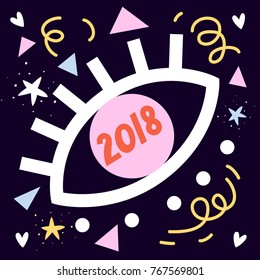2018 greeting card with fun geometric shapes and big eye. Trendy print for holidays cards.