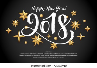 2018 hand written lettering with golden Christmas stars on a black background. Happy New Year card design. Vector illustration EPS 10 file.