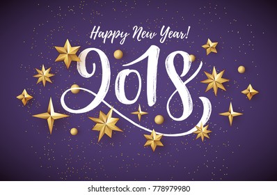 2018 hand written lettering with golden Christmas stars on a ultra violet background. Happy New Year card design. Vector illustration EPS 10 file.