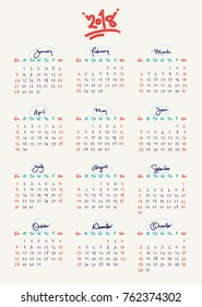 2018 handwritten calendar, custom writing in cute and vivid style, simple and funny calendar template, vector design element