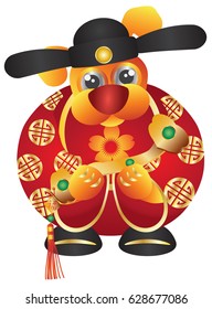 2018 Happy Chinese Lunar New Year of the Dog Prosperity Money God with Ruyi Scepter and Prosperity text on Tag vector Illustration Isolated on White Background
