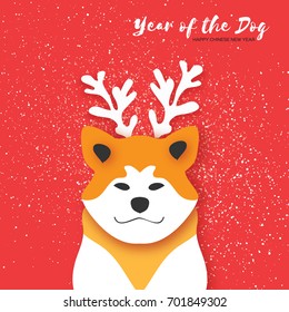 2018 Happy Chinese New Year Greeting Card. Chinese year of the Dog. Paper cut Akita Inu doggy with horns. Snow Celebration. Place for text. Vector illustration