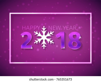 2018 Happy New Year 3D numbers with glowing effect on the purple background. Chromium text design with snowflakes and neon frame light. Banner, poster, party flyer template. Vector. 