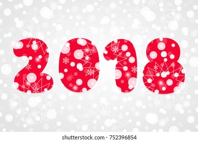 2018 Happy New Year abstract vector illustration. Winter holiday snow symbol for celebration. Decorative red gray white gradient background with snowflakes, sparkles, lights