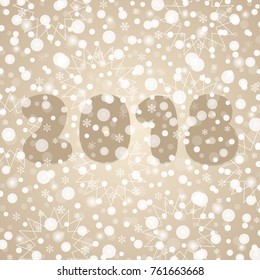 2018 Happy New Year abstract vector illustration. Winter holiday snow symbols for celebration, decoration. Decorative brown white background with snowflakes, sparkles, lights 