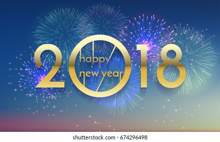 2018 Happy New Year Background texture with glitter fireworks. Vector gold glittering text and numbers for holiday greeting premium black card, festive invitation, calendar poster or promo banner