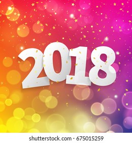 2018 Happy New Year Background texture with glitter blur snowflakes. Vector greeting text for holiday premium card, festive invitation, calendar poster or banner.