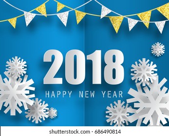 2018 Happy New Year background with paper snowflakes. Vector template