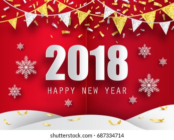 2018 Happy New Year background with 3d paper snowflakes. Vector background. Greeting card with golden confetti.