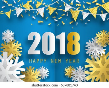 2018 Happy New Year background with 3d paper snowflakes. Vector background. Greeting card with golden confetti.