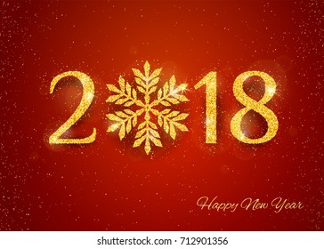 2018 Happy New Year Background with golden glitter numbers on red background. Vector holiday design for your flyer banner and greeting cards