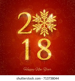2018 Happy New Year Background with golden glitter numbers on red background. Vector holiday design for your flyer banner and greeting cards
