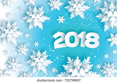 2018 Happy New Year Background. Blue Greetings Card for Christmas invitations. Paper cut snow flake. Paper cut Winter snowflakes. Space for Text. Vector illustration.