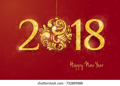 2018 Happy New Year Background with golden glitter numbers on red background. Vector holiday design for your flyer banner and greeting cards