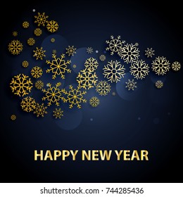 2018 Happy New Year background with golden letters and snowflakes.