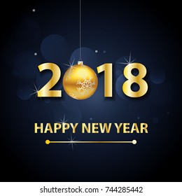 2018 Happy New Year background with gold letters and balls.