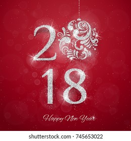 2018 Happy New Year Background with silver glitter numbers on red background. Vector new year holiday banner 