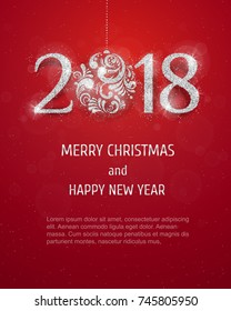 2018 Happy New Year Background with silver glitter numbers on red background. Vector new year holiday banner 