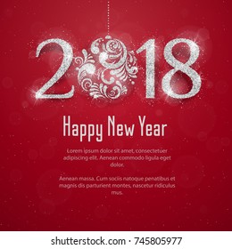 2018 Happy New Year Background with silver glitter numbers on red background. Vector new year holiday banner 