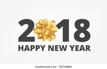 2018 Happy New Year. Background with typography and gold gift bow.