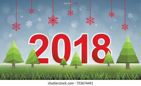 2018 Happy New Year background and christmas eve with tree in grass field and light blurred bokeh background. Vector illustration.