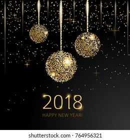 2018 Happy New Year Background with golden glitter balls on black background